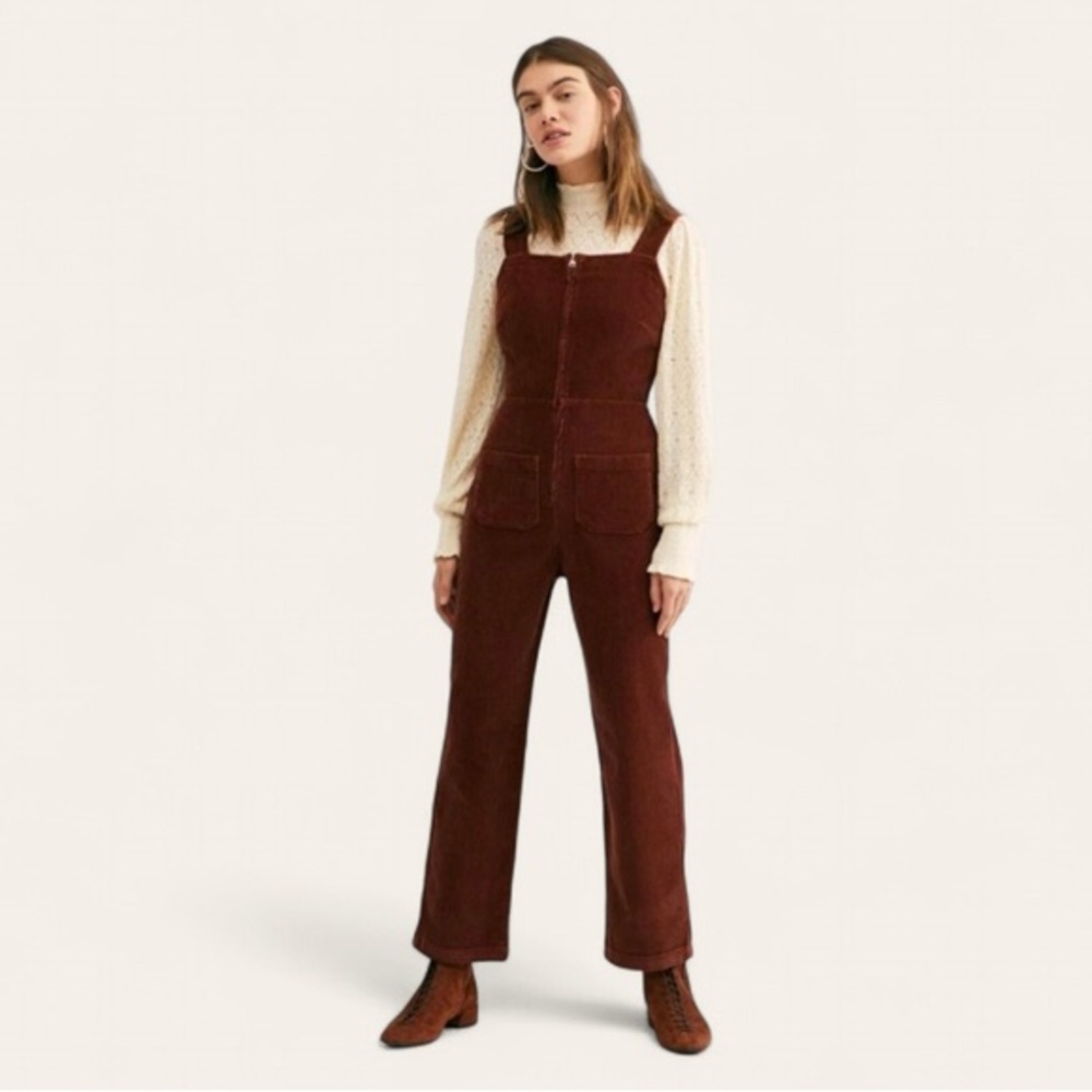 Free People Luna Corduroy Overalls Jumpsuit Front Zip Rust Brown One Piece